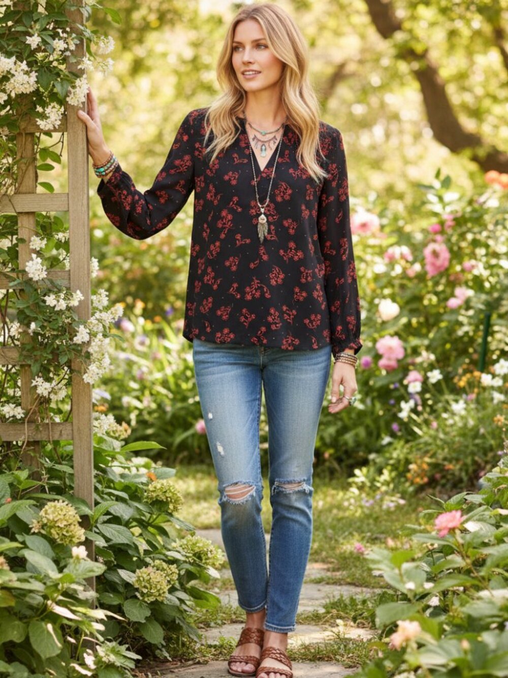 Loft S Top‎ Black Red Floral Long Sleeve Split Neck Popover Whimsigoth Boho Chic